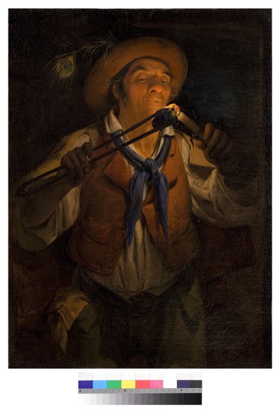 農民が燃えさしでキャンドルを灯す、1850 作： Angelo Inganni