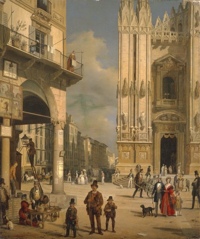 ドゥオーモ広場、ミラノ、1840年。 作： Angelo Inganni