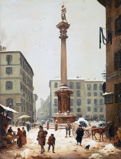 ミラノのサンベルナルディーノの古い通りから見た Verziere (青果市場) の救い主の列 作： Angelo Inganni