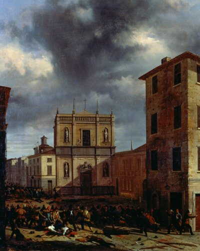 The ten days of Brescia, by Angelo Inganni (1807-1880), oil on canvas, 38x45 cm   1463084   ja       japanese Successfully Translated  Original: Death of St Scholastica, by Gregorio de Ferrari (1644-1726), Church of St Stephen, Genoa, Liguria, Italy Transl 作： Angelo Inganni