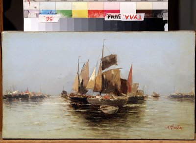 アンジェロ マリア コスタ (1670-1721) の絵画「帆船」 17 世紀の国立美術館、トゥーラ、ロシア 作： Angelo Maria Costa