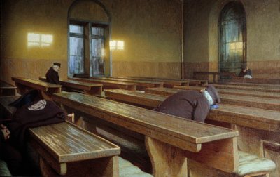 ミラノのホスピス「トリヴルツィオ」でのお祝いの日。アンジェロ・モルベッリ（1853-1919）の絵 作： Angelo Morbelli