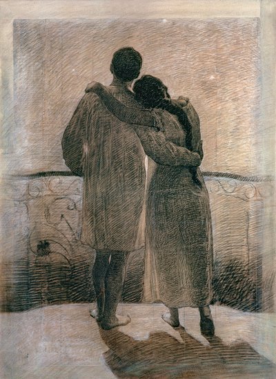 夢と現実の三部作、1905年の中央パネル、若いカップル（紙に鉛筆と木炭） 作： Angelo Morbelli