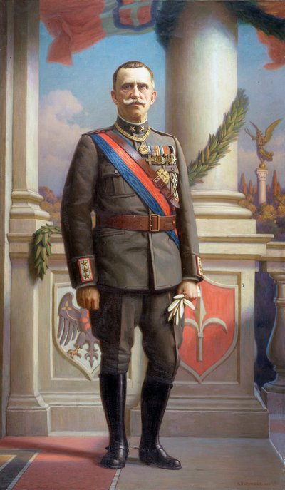 イタリア国王ヴィットリオ・エマヌエーレ3世（ヴィクトル・エマヌエル3世）（1869-1947）の肖像 アンジェロ・ヴェルナッツァ（1869-1937）による絵画 1923年 薄暗い 220x130 cm ゲネス、ガレリア・ダルテ・モデルナ、 inv 0588 作： Angelo Vernazza