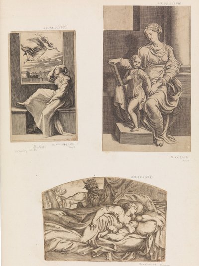 女性と天使、聖母子、眠っている若い母子を見守るサテュロス、1555～1567年。 作： Angiolo Falconetto