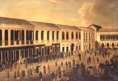 カントンのウォーターフロントにあるオングスの風景、1825年頃 作： Anglo Chinese School