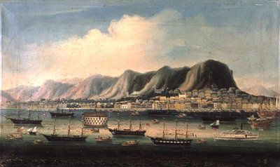 香港の風景、港にはプリズンハルクとパドルスティーマーがある（油彩・キャンバス 作： Anglo Chinese School