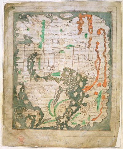 Cott Tib B V Part 1 f.56v 長方形の世界地図、1030年頃（ベラム） 作： Anglo Saxon