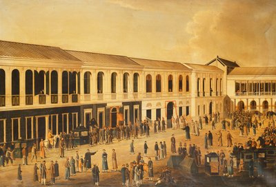 カントンのウォーターフロントにあるホンの眺めc。 1825 作： Anglo Chinese School
