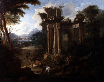 牛飼いが牛に水をやっている古典的な風景」1720年頃（油彩・キャンバス） 作： Anglo Flemish School