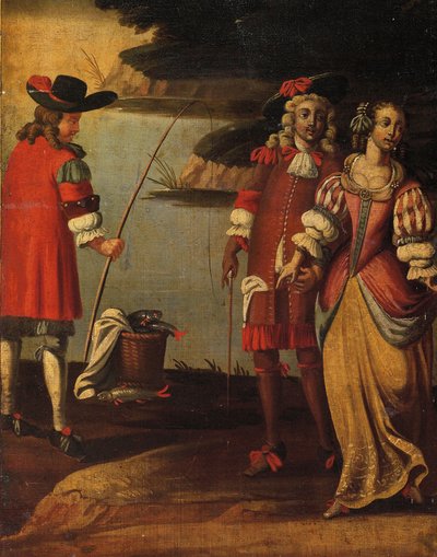 1700年頃の4つ折り両面スクリーン（ペイントされたキャンバスと革）（3248382の詳細 作： Anglo Flemish School