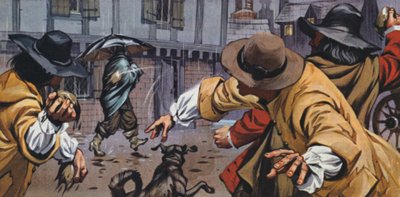 怒ったコーチマンが傘を差した男たちに土を投げつけた（カラーリトグラフ） 作： Angus McBride