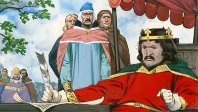 マグナ・カルタに渋々署名するジョン王 作： Angus McBride