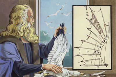 レオナルド・ダ・ヴィンチ、人間が飛ぶ方法を発見するために鳥を研究する（紙にグワッシュ） 作： アンガス・マクブライド