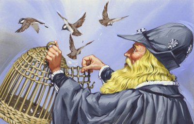 鳥を自由にするために籠の鳥を買ったレオナルド・ダ・ヴィンチ（紙にグワッシュ） 作： アンガス・マクブライド