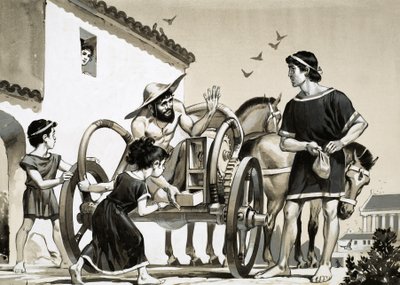 ローマ時代、戦車の荷台で商品を売る商人 作： Angus McBride