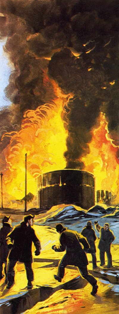 1964年のアンカレジ地震後、スワードで燃える石油タンク。 作： Angus McBride