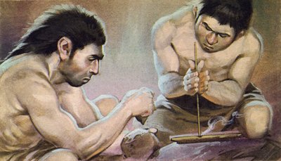 火を起こす先史時代の男（カラーリトグラフ） 作： アンガス・マクブライド
