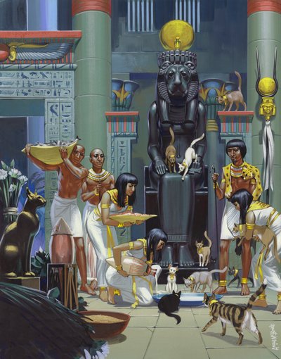古代エジプト神殿で猫に餌を与える使用人たち（紙にグワッシュ） 作： アンガス・マクブライド