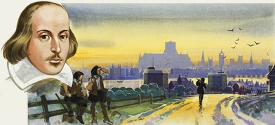 シェイクスピアとセント・ポール旧市街（紙にグワッシュ） 作： Angus McBride