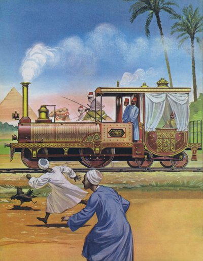1862年、エジプトのケディヴが英国でエンジンと馬車を製造した（カラーリトグラフ）。 作： アンガス・マクブライド