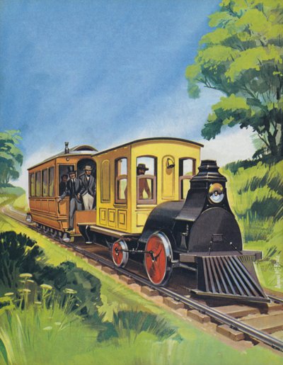 1882年に製造されたトーマス・エジソンズの電気機関車（カラーリトグラフ） 作： アンガス・マクブライド