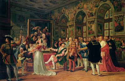 フランシスI（1494-1547）ラファエルの聖家族の絵を受け取った 作： Anicet Charles Lemonnier