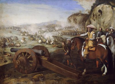 戦闘中に大砲を発射するように命令する馬に乗った船長、アニエロ・ファルコーネ（1607-1656）による絵画、キャンバスに油彩、94x131 cm 作： Aniello Falcone