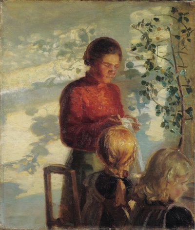 縫い方を教えられている二人の少女 作： Anna Ancher