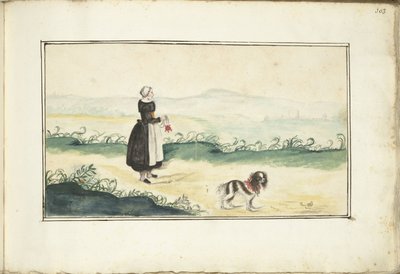 風景の中の農家の妻と犬 作： Anna Cornelia Moda (possibly)