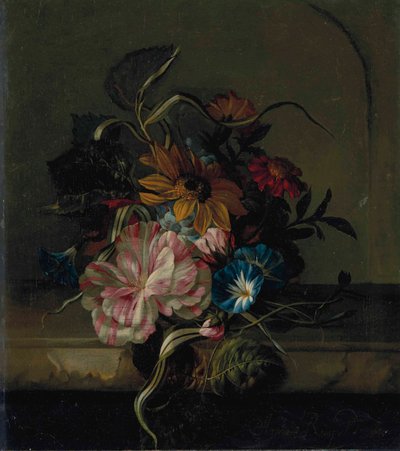 ヒマワリ、バインドウィード、ツートンカラーのチューリップ 作： Anna Elisabeth Ruysch