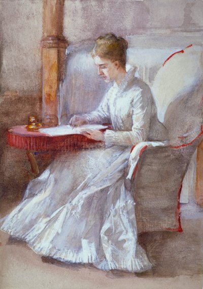 「机で書く白い服の女性」、c1864-1930 作： Anna Lea Merritt