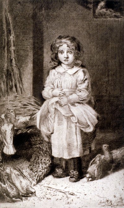 「ハトに餌をやる小さな女の子」、c1888 作： Anna Lea Merritt