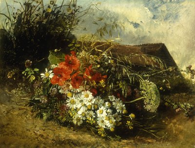 向こうにコテージがある銀行の野生の花 作： Anna Peters