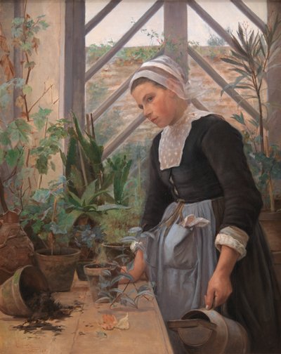 温室で植物の世話をするブルトンの少女 作： Anna Petersen