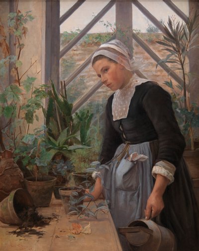 1884年の温室で植物の世話をするブルターニュの少女 作： Anna Petersen
