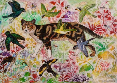 タビーと鳥たち、2019年（アクリル画） 作： 