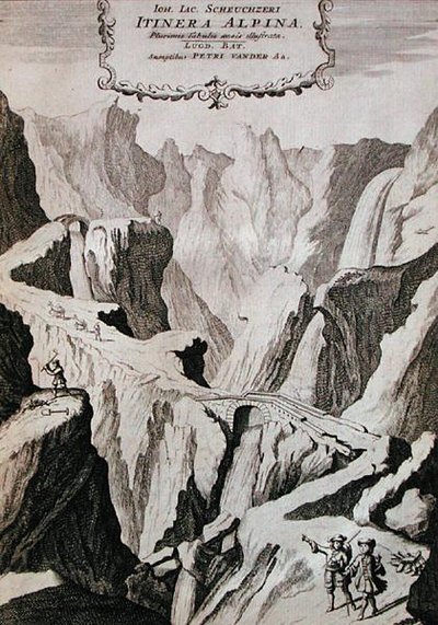 1706年に出版されたJohann Jacob Scheuchzeri著「Itinera Alpina」の第1巻の表紙（彫刻）。 作： Anna Wasera (after) Tigurina
