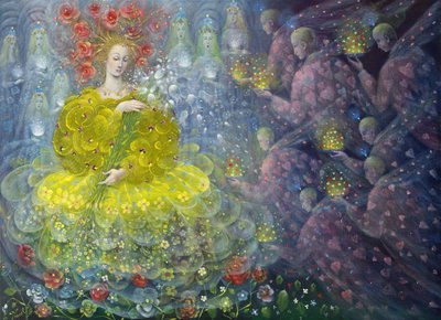花の女王》2018年（ベルギーリネンに油彩） 作： アナエル・アネリア・パブロワ
