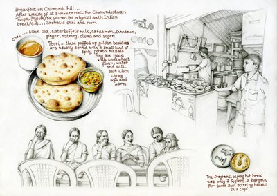 チュムンディの丘で朝食、2020年（色鉛筆と鉛筆） 作： Annalisa Morrocco
