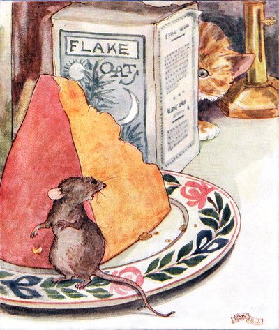 「ちょっとした夕食-プライムスティルトン」、イラスト、「The Mischievious Mousie Book」、Thomas Nelson und Sons発行、1920年代 作： Anne Anderson