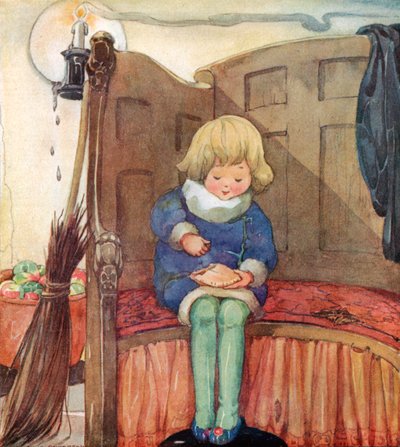 リトルジャックホーナーが角に座って、クリスマスパイを食べる 作： Anne Anderson