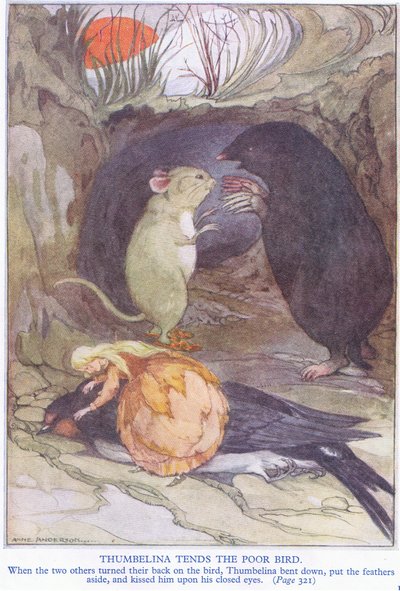 おやゆび姫はかわいそうな鳥を扱います 作： Anne Anderson