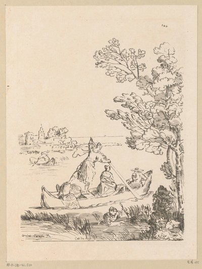 女性が漕ぐボートのある川の風景 キャビネット デュ ロワ (オブジェクトのシリーズ タイトル) 作： Anne Claude Philippe Caylus