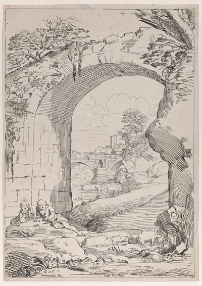 橋のある風景、18世紀。 作： Anne Claude Philippe de Caylus