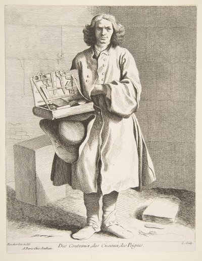 ナイフの行商人、はさみと櫛、1742年。 作： Anne Claude Philippe de Caylus