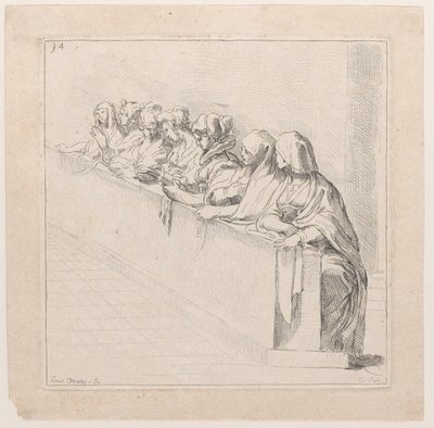 低い壁の後ろに座る 7 人の女性、18 世紀。 作： Anne Claude Philippe de Caylus