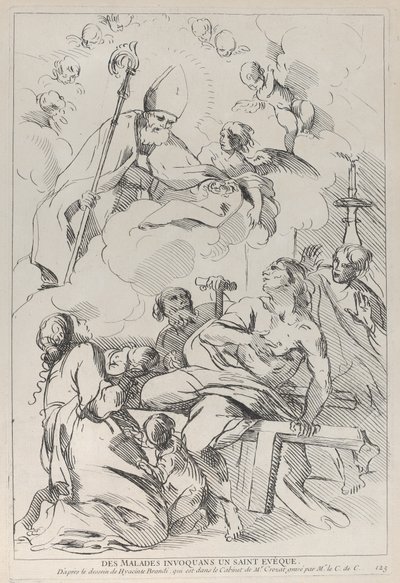 1729-40年、左上に現れる司教の聖人を召喚する病人。 作： Anne Claude Philippe de Caylus