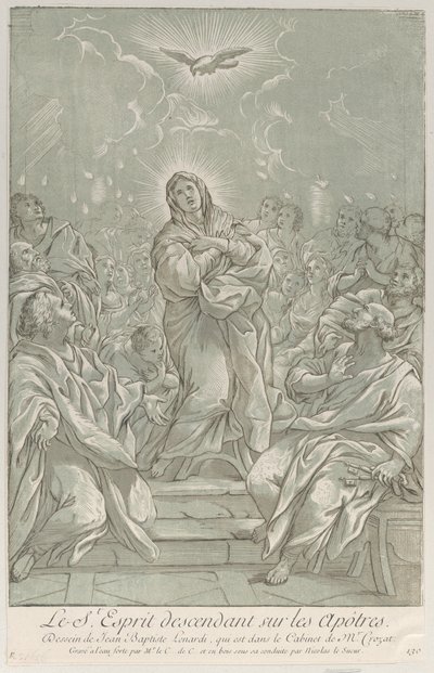 中央に聖母が立っており、聖霊が上にあり、使徒たちがいるペンテコステ. 1729年。 作： Anne Claude Philippe de Caylus
