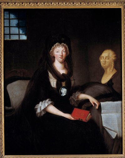 マリー・アントワネット (1755-1793) がテンプル刑務所で大きな喪に服している肖像画 (またはコンシェルジュのマリー・アントワネットが喪に服し、イルカを表すカメが胸像の近くにスコットランド女王メアリーの生涯の本を持っている) ルイ16世とhの 作： Anne Flore Millet de Brehan
